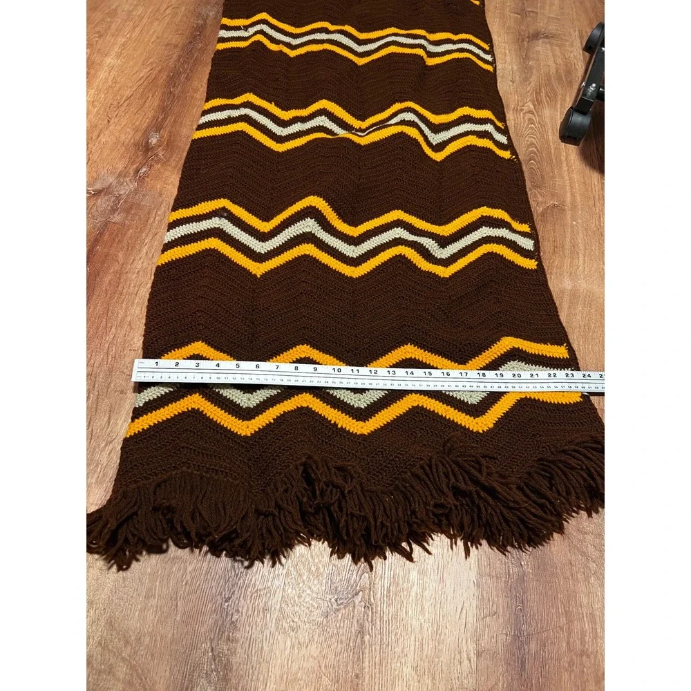 Handmade Crochet Throw Blanket Brown Orange Cream Excellent Retro 70s Chevron‎